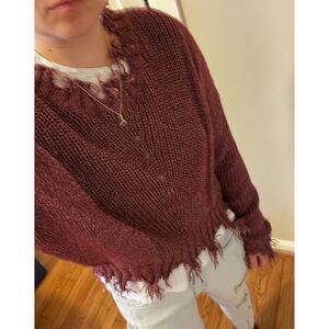 Distressed Crop Knit Sweater Burgundy Size Small